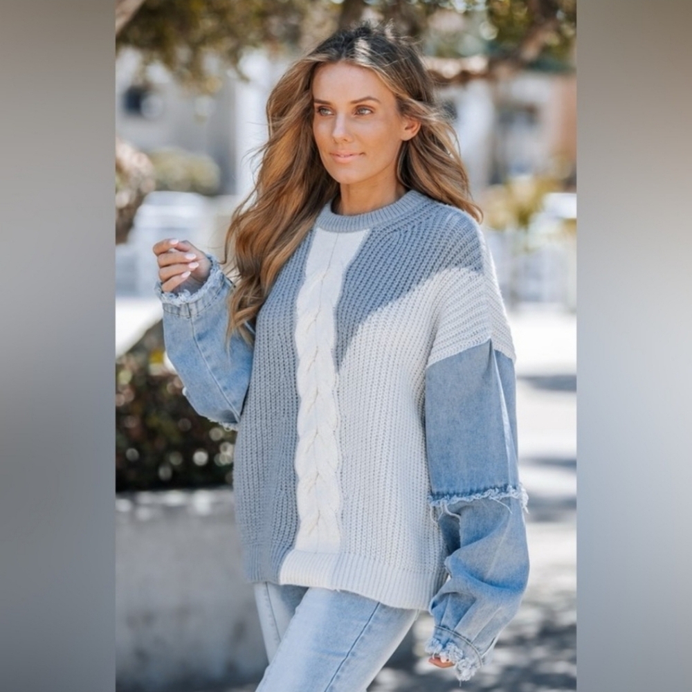Plus size 2x 3x blue gray denim embroidered raw hem mixed cable knit sweater